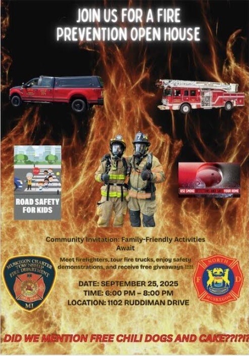 JOIN US FOR A FIRE PREVENTION OPEN HOUSE Community Invitation: Family-Friendly activities Await Meet firefighters, tour fire trucks, enjoy safety demonstrations, and receive free giveaways! Date: September 25, 2025 Time: 6:00 pm - 8:00 pm Location: 1102 Ruddiman Drive Did we mention free Chili Dogs and Cake?!?!?!